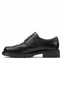 Chaussure habillée brogue noire en cuir lisse, avec des détails perforés, un bout rond et une semelle en caoutchouc robuste.