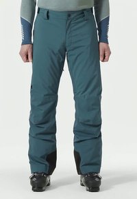 Pantaloni de schi teal, din material rezistent și impermeabil. Au o croială dreaptă, talie ajustabilă și accente negre la mansete.
