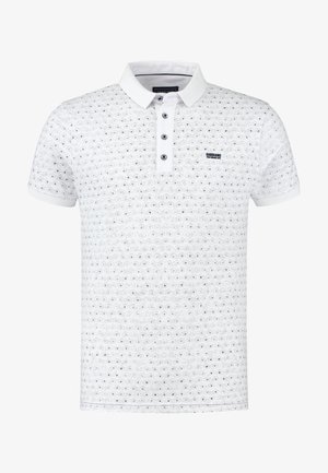 Bílá polo košile s texturovaným vzorem, tříknoflíkovým zapínáním a krátkými rukávy. Na hrudi se nachází malé černé logo.