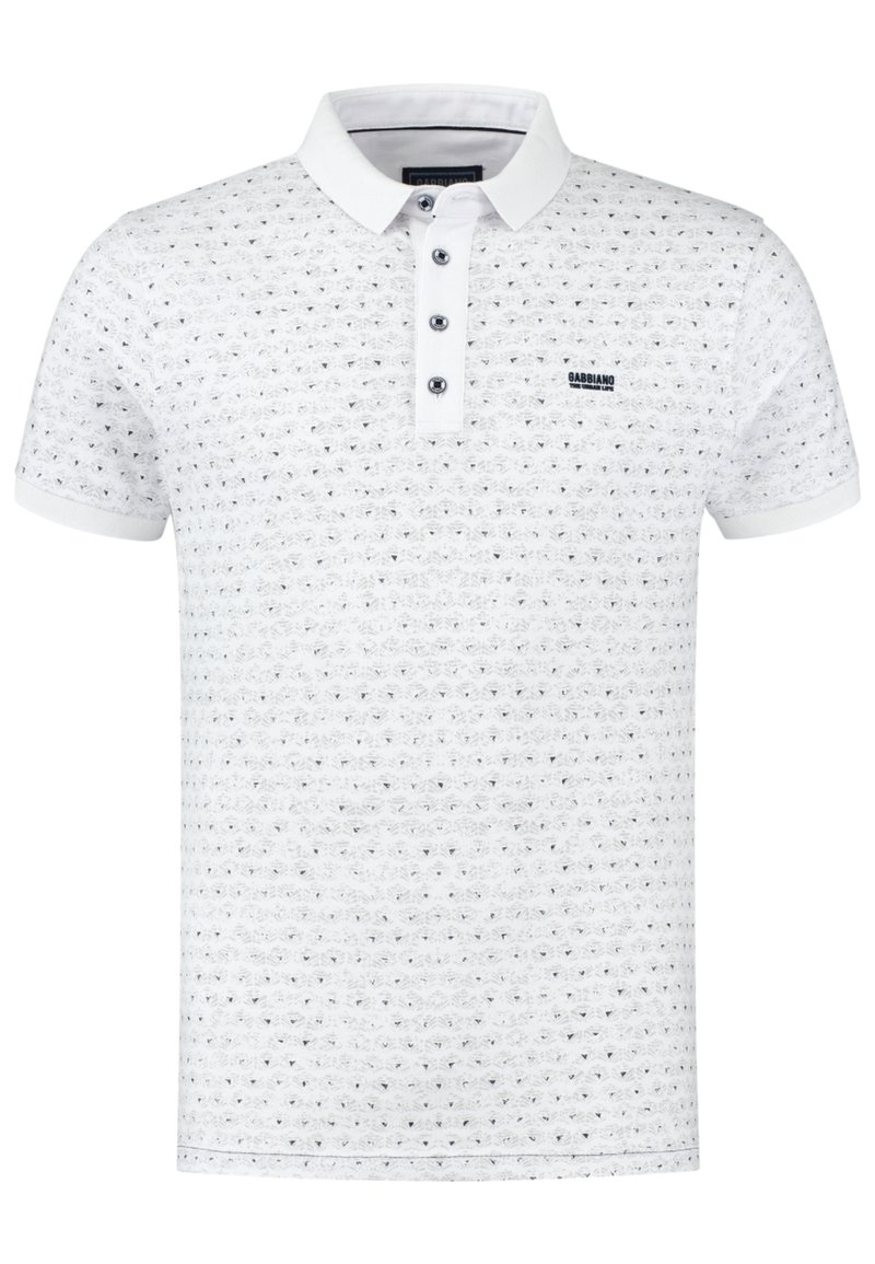 Vit polo skjorta med texturerat mönster, treknappslå och korta ärmar. Har en liten svart logotyp på bröstet.