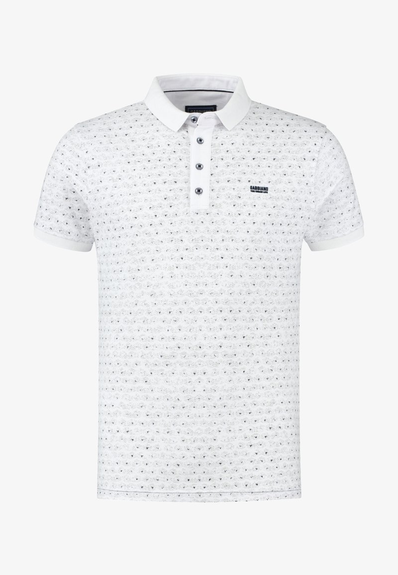Vit polo skjorta med texturerat mönster, treknappslå och korta ärmar. Har en liten svart logotyp på bröstet.