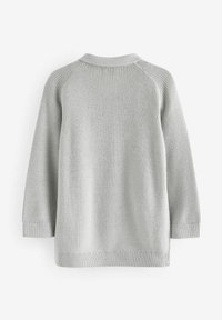 Pull en tricot gris clair, avec un col rond, des manches raglan et des poignets côtelés. La texture semble douce et extensible.