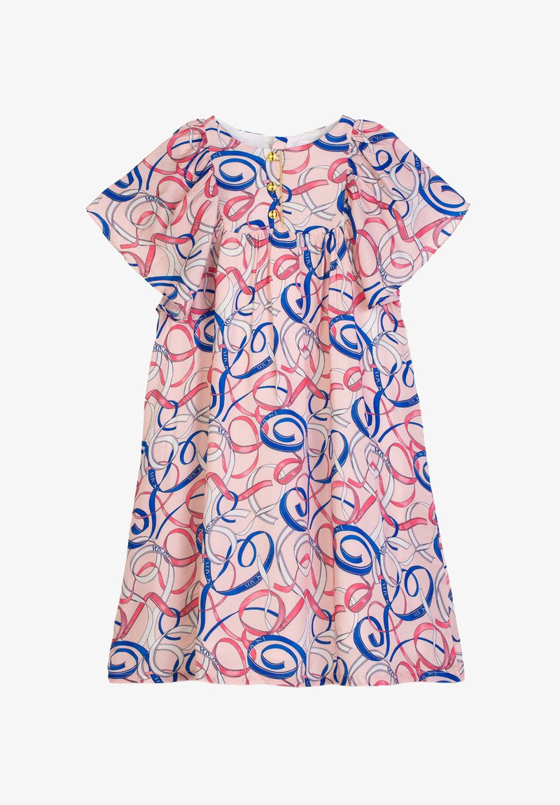 Vestito rosa a maniche corte con motivo a nastro svolazzante in blu, rosso e grigio e tre bottoni dorati sulla patta del petto.