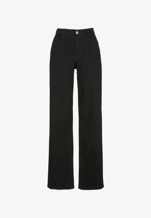 Mustat leveälahkeiset farkut, joissa on korkea vyötärö, etupocketit ja etuprojektin metallinappilukko. Sileä pinta ilman kuvioita.