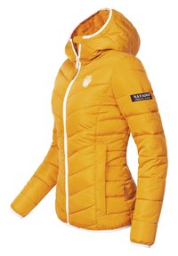 Yellow puffer jacket with a hood, white zipper and trim, diagonal quilted pattern, and a logo on the left sleeve.