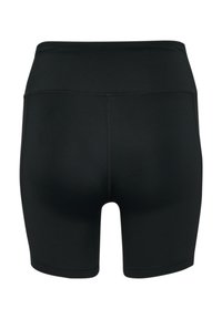 Czarne sportowe szorty o gładkiej fakturze, z wysokim pasem i bez widocznych wzorów. Posiadają krótkie nogawki i szwy łączone techniką flatlock.