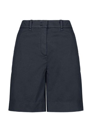 Pantaloni corti blu navy realizzati in un tessuto liscio, con un taglio dritto, passanti per cintura e un design classico a vita piatta.