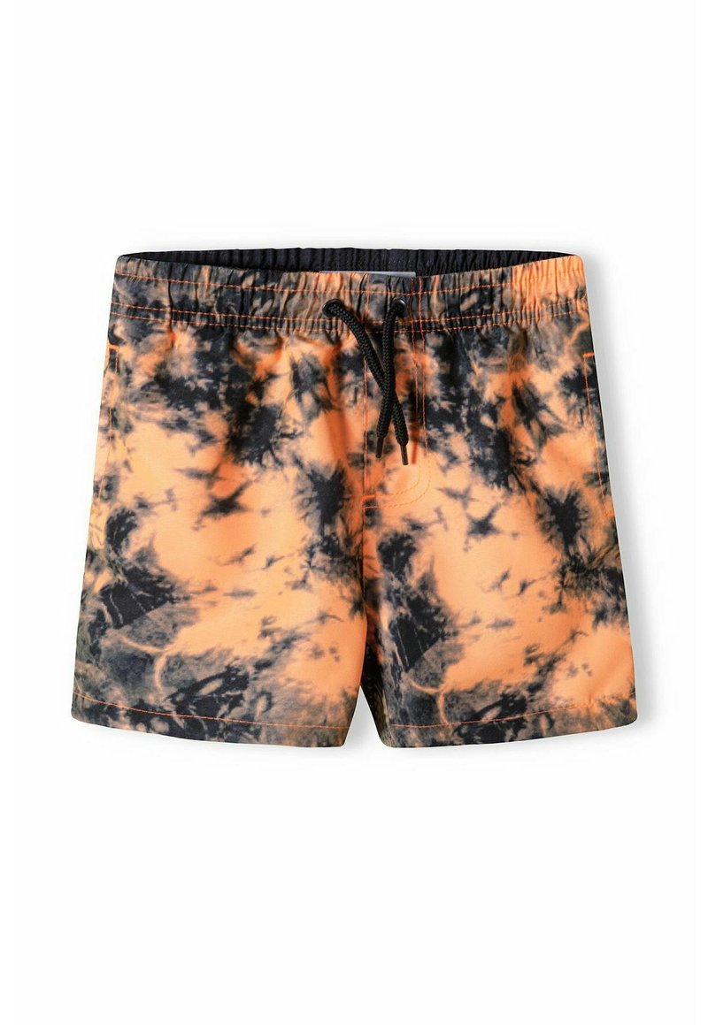 Shorts de bain pour hommes en orange avec un motif tie-dye noir, dotés d'une taille élastique et d'un cordon de serrage ajustable pour un ajustement sécurisé.