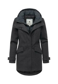 Szary płaszcz z wełny z mieszanką z zamkiem błyskawicznym z przodu, dużym kapturem i zatrzaskami. Posiada dwie przednie kieszenie oraz regulowane mankiety dla lepszego dopasowania.