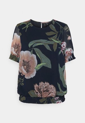 Floral blouse in dark navy, featuring large pink and peach flowers with green leaves. Soft, sheer fabric with elasticated hem, short sleeves.