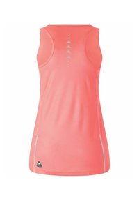 Top da sport in vivace colore corallo, realizzato in tessuto liscio. Presenta spalline sottili, un collo arrotondato e dettagli riflettenti lungo i lati.