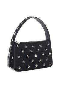 Borsa in tessuto nero con forma arrotondata, decorazioni a stella argentate, chiusura con zip e manico in pelle nera. Presenta un'etichetta sul lato.
