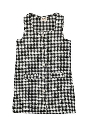 Vestido sin mangas a cuadros en blanco y negro con seis botones de perla en la parte delantera y dos pequeños bolsillos delanteros, diseñado para niños.
