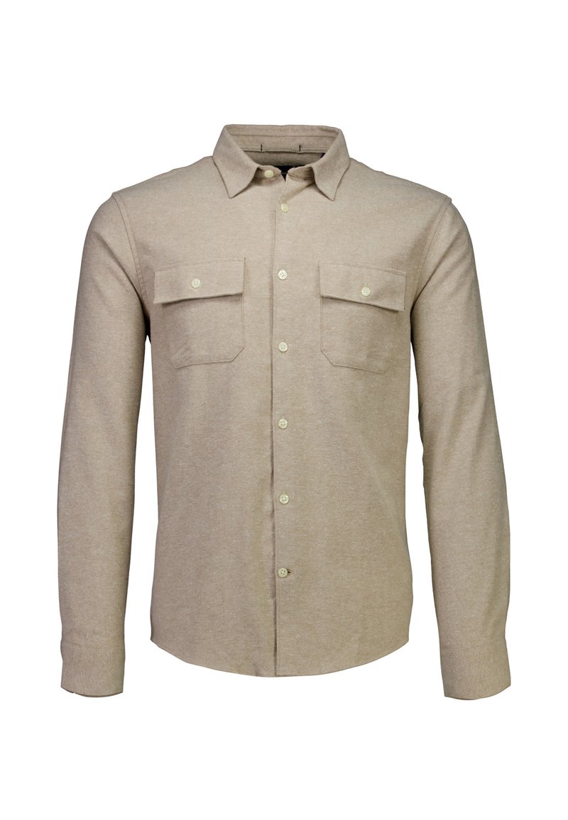 Beige lange mouwen shirt gemaakt van zachte stof, met een botão voorkant, twee borstzakken en een klassieke kraag.