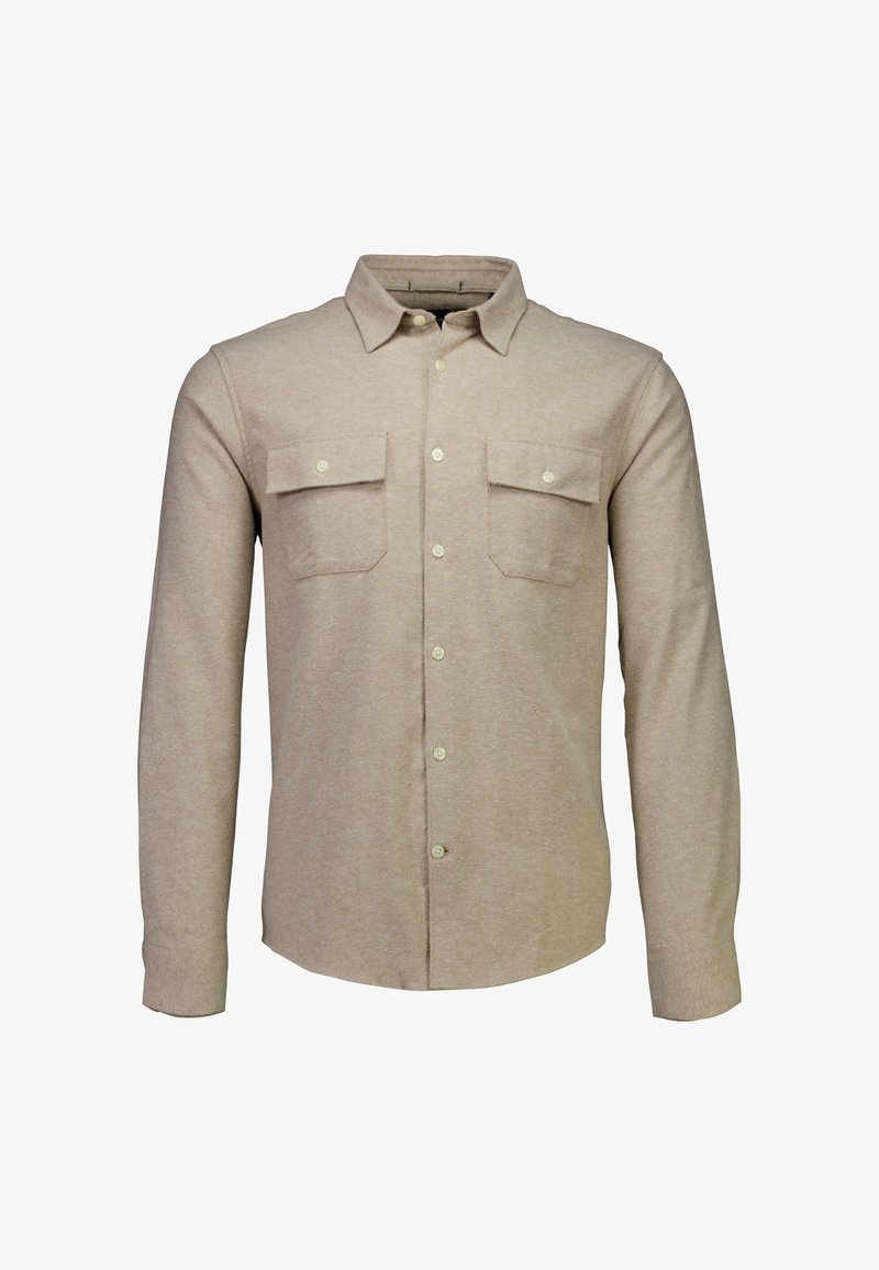 Beige Langarmhemd aus weichem Stoff, mit Knopfleiste, zwei Brusttaschen und klassischem Kragen.