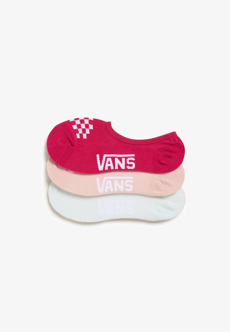 Vans no-show sokken in rood, roze en mintgroen. Kenmerken zijn onder andere een dambordpatroon in rood en gebrandmerkte logo's in het wit.