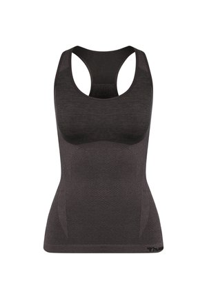 Sort ærmeløs atletisk tanktop med racerback-design og teksturerede stofpaneler for åndbarhed og støtte.