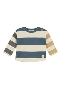 Langärmliges Babykleidungsstück mit breiten horizontalen Streifen in Blau, Creme, Grau und Beige, mit zwei Knöpfen an einer Schulter.