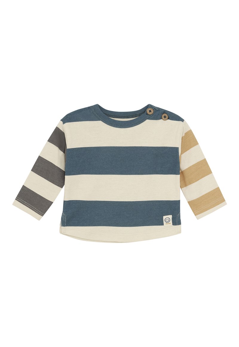 Langärmliges Babykleidungsstück mit breiten horizontalen Streifen in Blau, Creme, Grau und Beige, mit zwei Knöpfen an einer Schulter.