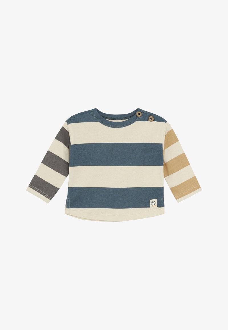 Chemise à manches longues pour bébé avec de larges rayures horizontales en bleu, crème, gris et beige, comportant deux boutons sur une épaule.