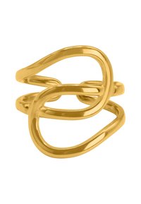 Goldfarbener Ring mit miteinander verwobenen Schlaufen, glatter Oberfläche mit poliertem Finish und einem minimalistischen, modernen Design.
