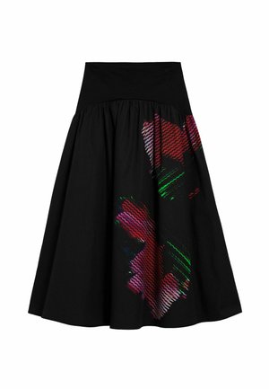 Must seelik, millel on vormitud vöökoht ja lõhvikujuline disain. Ühel küljel on mitmevärvilised abstraktsed mustrid punase, rohelise ja roosa toonides.