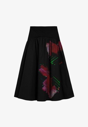 Must seelik, millel on vormitud vöökoht ja lõhvikujuline disain. Ühel küljel on mitmevärvilised abstraktsed mustrid punase, rohelise ja roosa toonides.