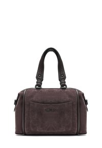 Bruine suède handtas met leren handvatten met textuur, rechthoekige vorm en een voorkant met zak. Ritssluiting en logo-detail aan de voorkant.