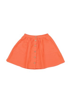 Orange knee-length skirt with front wooden buttons and two large side pockets, gathered elastic waistband, and A-line shape.