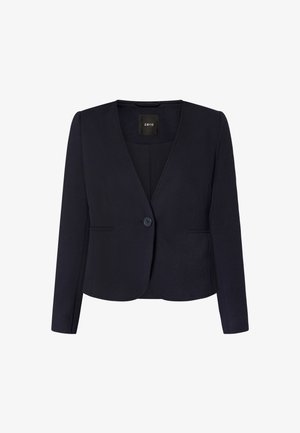 Blazer bleu marine sur mesure avec un col en V, une fermeture à un bouton, deux poches avant et un tissu texturé. Manches courtes et ajustées.