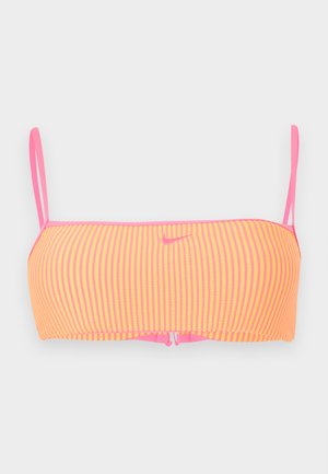 Gestreept geel-roze bandeau bikini top met dunne roze schouderbandjes en een klein roze Nike swoosh logo middenvoor.