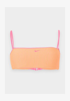 Gestreept geel-roze bandeau bikini top met dunne roze schouderbandjes en een klein roze Nike swoosh logo middenvoor.