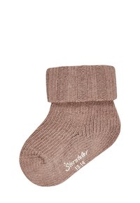 Strickkindersocke in sanftem, hellbraun mit einem gerippten Bündchen. Merkmale einer runden Zehe und einem weißen, bedruckten Markendetail.