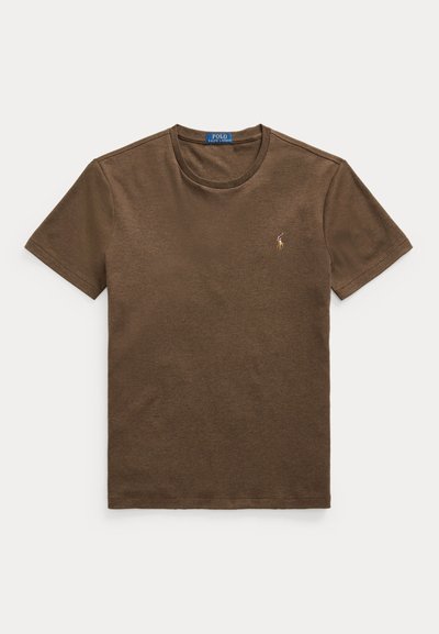T-shirt castanho de manga curta com decote redondo e pequeno logotipo bordado da Polo Ralph Lauren no lado esquerdo do peito.