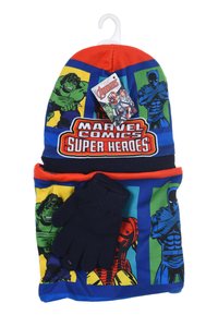 Set di cappello e guanti realizzati in tessuto morbido, con grafica dei supereroi Marvel in colori vivaci, predominanti blu, rosso e giallo.