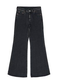 Black wide-leg jeans made from denim, featuring a button closure, front and back pockets, and a slight faded texture for added detail.