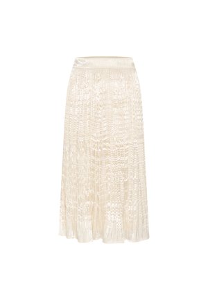 Spódnica midi w jasnym kremowym kolorze, plisowana, z teksturowanej, pomarszczonej tkaniny. Elastyczny pas zapewniający komfort i swobodę ruchów.