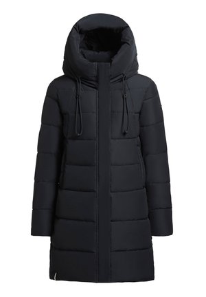 Czarny ocieplany płaszcz z wysokim kołnierzem i oversizowym kapturem, z zamkiem błyskawicznym z przodu, ściągaczami i gładką, jedwabiście gładką fakturą.