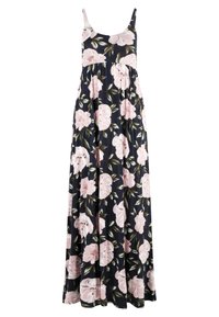 Maxikleid in Marineblau mit floralem Muster, das große pinkfarbene Blumen und grüne Blätter zeigt. Hergestellt aus weichem Stoff mit verstellbaren Spaghettiträgern.