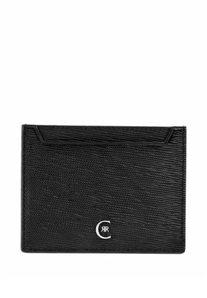 Schwarzer, strukturiert geprägter Leder-Kartenhalter mit silbernem "CR"-Logo, ausgestattet mit einem oberen Schlitz und Nahtverzierung entlang der Ränder.