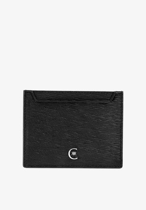 Sort tekstureret læderkortholder med en sølvfarvet "CR"-logo, der har en øverste lomme og syninger langs kanterne.