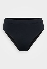 Black high-waisted bikini bottom made of smooth, stretchy material with a seamless design and minimal stitching detail.