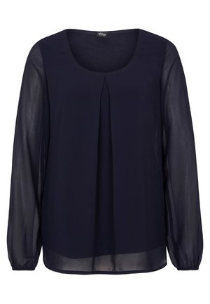 Granatowa damska bluzka z przejrzystymi długimi rękawami, okrągłym dekoltem i plisą z przodu wzdłuż środka.