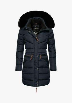 Chaqueta acolchada azul marino con cuello de piel sintética, bolsillos con cremallera, botones y textura acolchada. Presenta una forma ligeramente ajustada.