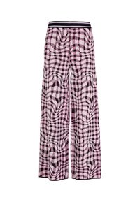Hosen mit weitem Bein in einem pinken und schwarzen karierten Muster, elastic waistband mit schwarzen und lila Streifen.
