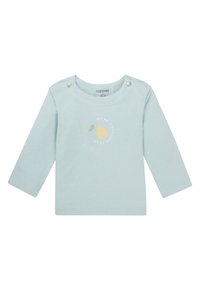 Lichtblauwe lange mouwen shirt van katoen met een ronde halslijn en drukknoopsluitingen, met een gedrukte peervormige motief in het midden.