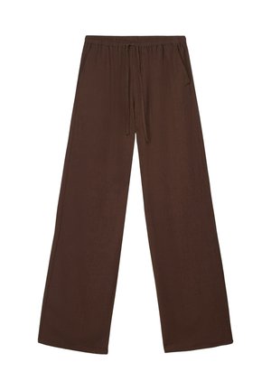 Hnedé nohavice s širokými nohavicami, s elastickým pásom a nastaviteľnou sťahovacou šnúrkou, vyrobené z ľahkej látky.