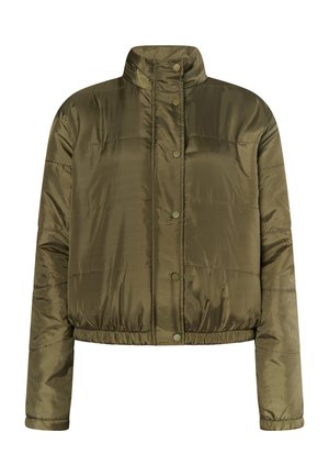 Oliņzaļš pūkains džemperis, izgatavots no spīdīga materiāla, ar augstu apkakli, pogām ar spiedpogām un elastīgām aprocēm un apakšmalu, lai nodrošinātu piegulošu izskatu.