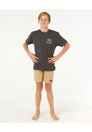 T-shirt grigia con logo turchese e pantaloni corti color beige. La maglietta ha maniche corte, mentre i pantaloni corti sono lunghi fino a metà coscia con un dettaglio etichetta.