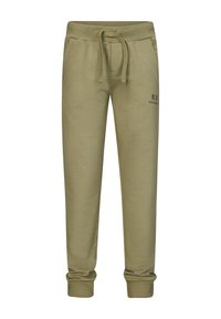 Olivgrüne Baumwoll-Sweatpants mit elastischem Bund, Kordelzug, Seitentaschen und gerippten Bündchen. Mit bedrucktem Logo am linken Bein.